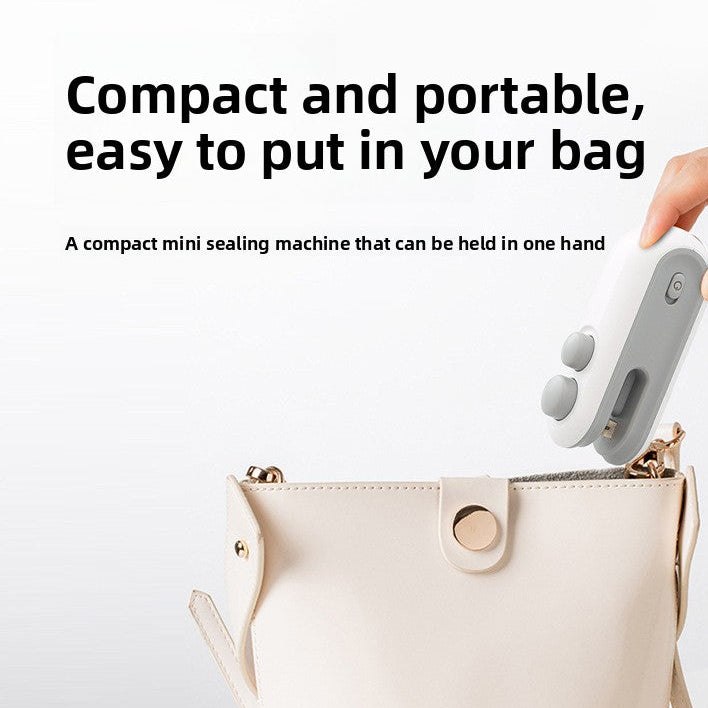 Compact sealing machine being placed into a handbag with text highlighting its portability.