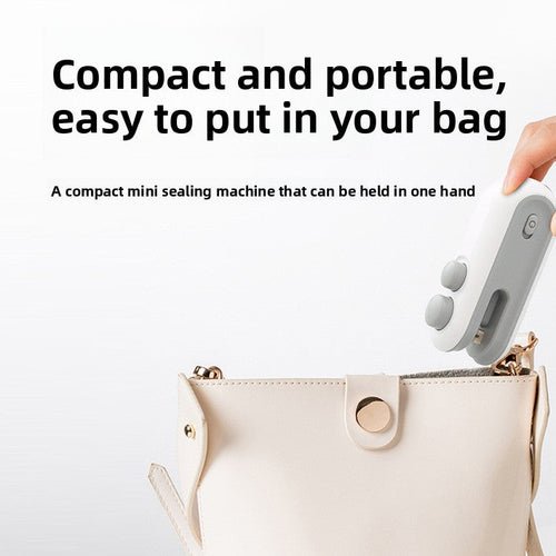 Compact sealing machine being placed into a handbag with text highlighting its portability.
